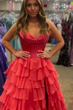 Black Tiered Corset Strapless A Line Long Prom Dress