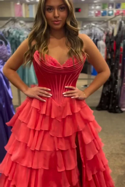 Black Tiered Corset Strapless A Line Long Prom Dress