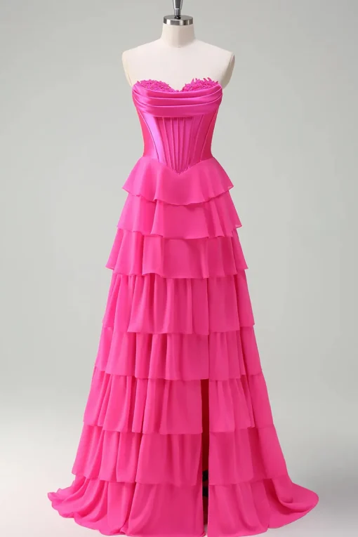 Black Tiered Corset Strapless A Line Long Prom Dress