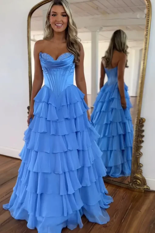 Black Tiered Corset Strapless A Line Long Prom Dress