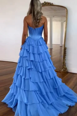 Black Tiered Corset Strapless A Line Long Prom Dress