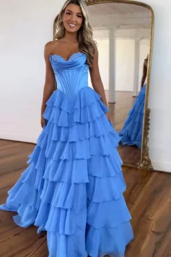 Black Tiered Corset Strapless A Line Long Prom Dress