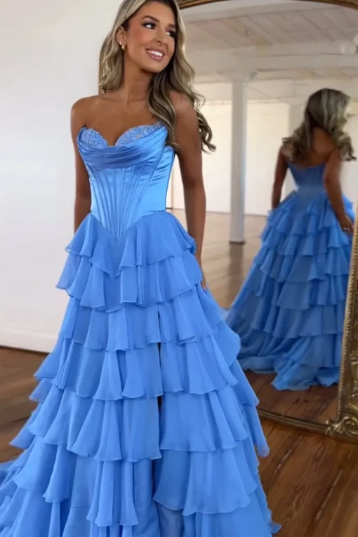 Black Tiered Corset Strapless A Line Long Prom Dress