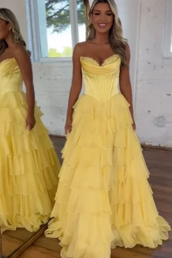 Black Tiered Corset Strapless A Line Long Prom Dress