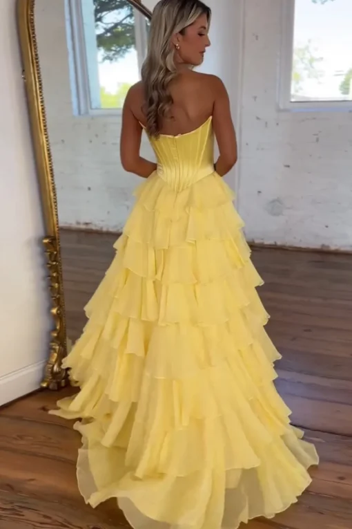Black Tiered Corset Strapless A Line Long Prom Dress