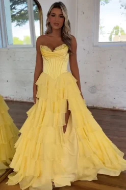 Black Tiered Corset Strapless A Line Long Prom Dress