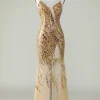 Bling Mermaid Spaghetti Straps Golden Sequins Long Prom Dress with Split Front