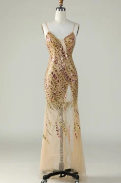 Bling Mermaid Spaghetti Straps Golden Sequins Long Prom Dress with Split Front