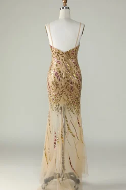 Bling Mermaid Spaghetti Straps Golden Sequins Long Prom Dress with Split Front