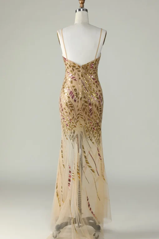 Bling Mermaid Spaghetti Straps Golden Sequins Long Prom Dress with Split Front