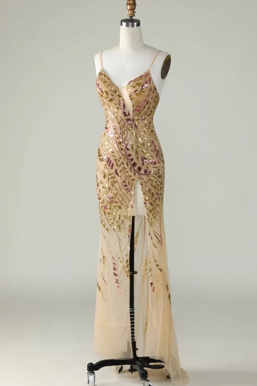 Bling Mermaid Spaghetti Straps Golden Sequins Long Prom Dress with Split Front
