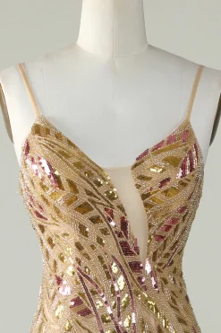 Bling Mermaid Spaghetti Straps Golden Sequins Long Prom Dress with Split Front