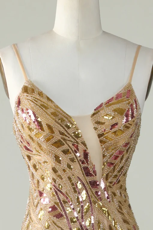 Bling Mermaid Spaghetti Straps Golden Sequins Long Prom Dress with Split Front