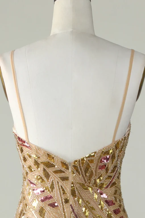 Bling Mermaid Spaghetti Straps Golden Sequins Long Prom Dress with Split Front