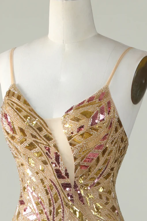 Bling Mermaid Spaghetti Straps Golden Sequins Long Prom Dress with Split Front