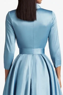 Blue A Line Flared Front Button Closures Mid Length Formal Dress with Long Sleeves