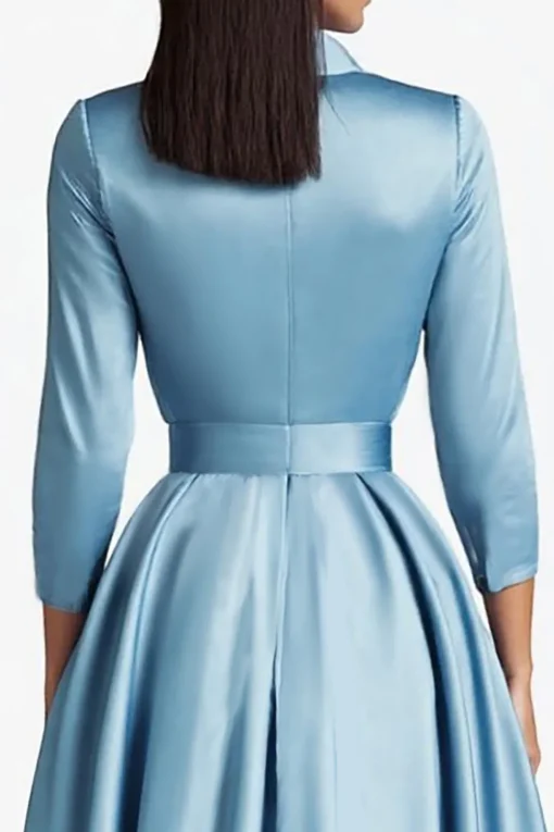 Blue A Line Flared Front Button Closures Mid Length Formal Dress with Long Sleeves