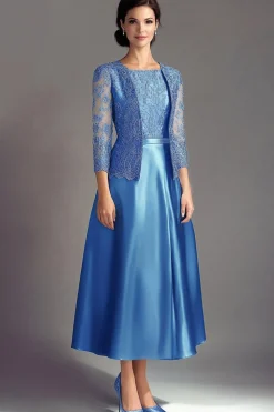 Blue A Line Lace Satin Long Sleeves Mother Of The Bride Dress
