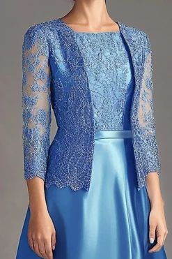 Blue A Line Lace Satin Long Sleeves Mother Of The Bride Dress