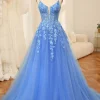 Blue A-Line Spaghetti Straps Tulle Long Prom Dress With Appliques