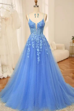 Blue A-Line Spaghetti Straps Tulle Long Prom Dress With Appliques
