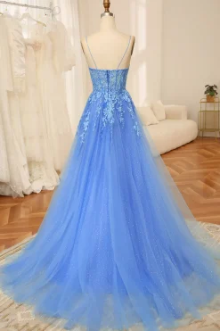 Blue A-Line Spaghetti Straps Tulle Long Prom Dress With Appliques