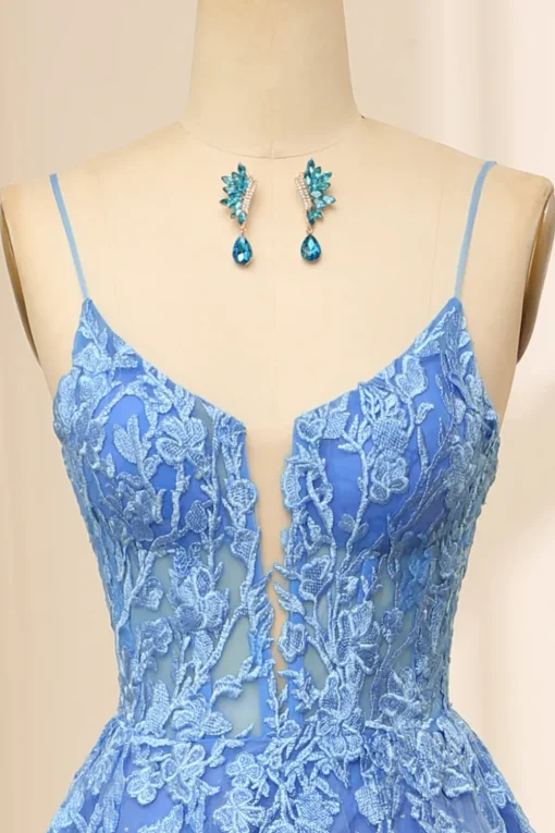 Blue A-Line Spaghetti Straps Tulle Long Prom Dress With Appliques