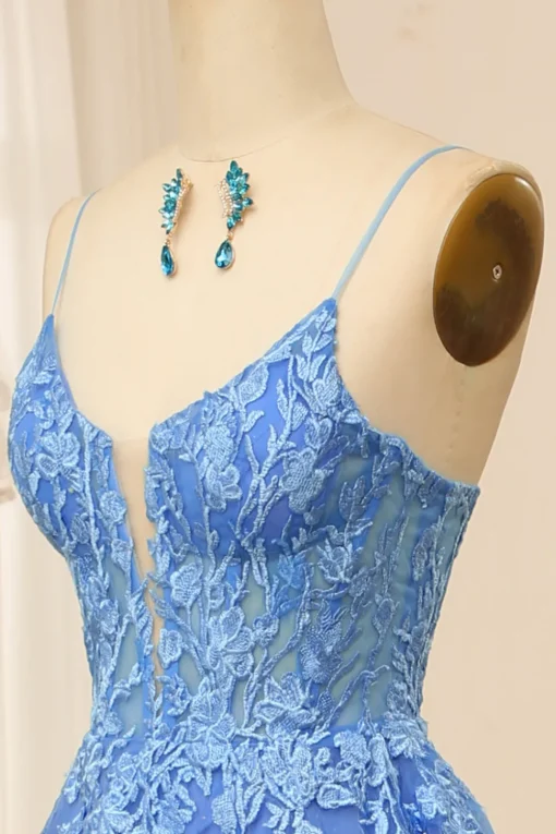 Blue A-Line Spaghetti Straps Tulle Long Prom Dress With Appliques