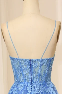 Blue A-Line Spaghetti Straps Tulle Long Prom Dress With Appliques