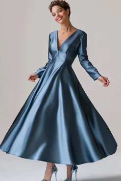 Blue A-Line V Neck Long Sleeves Satin Long Mother Of The Bride Dress