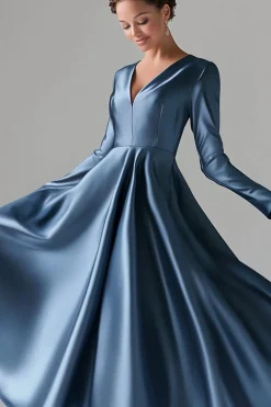 Blue A-Line V Neck Long Sleeves Satin Long Mother Of The Bride Dress