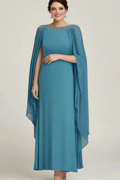 Blue Chiffon Boat Neck Long Mother Of The Bride Dress with Wrap