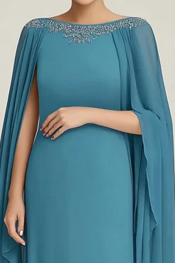 Blue Chiffon Boat Neck Long Mother Of The Bride Dress with Wrap