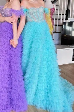 Blue Corset Off the Shoulder Long Prom Dress with Features