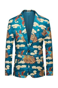 Blue Crane Jacquard Notched Lapel Men Blazer