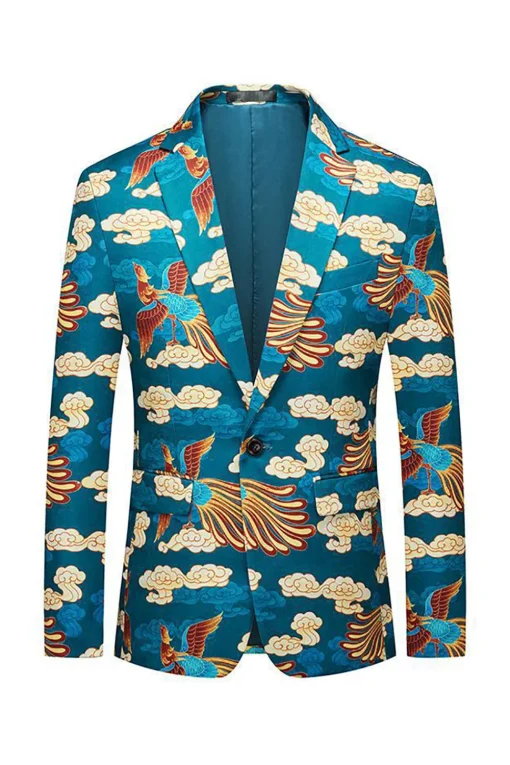 Blue Crane Jacquard Notched Lapel Men Blazer
