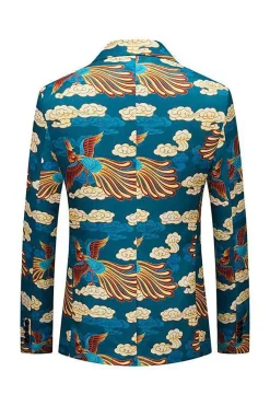 Blue Crane Jacquard Notched Lapel Men Blazer