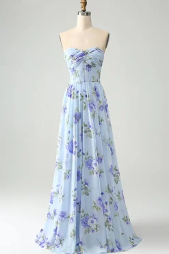 Blue Floral A Line Sweetheart Strapless Pleated Long Wedding Guest Dress