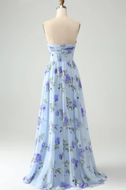 Blue Floral A Line Sweetheart Strapless Pleated Long Wedding Guest Dress