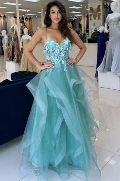 Blue Floral Appliques A Line Spaghetti Straps Prom Dress