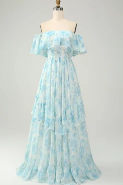 Blue Floral Printed Off The Shoulder Tiered Wedding Guest Dress