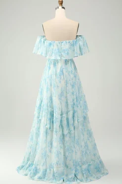 Blue Floral Printed Off The Shoulder Tiered Wedding Guest Dress