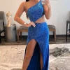 Blue Hollow-out One Shoulder Sequin Prom Dress with Slit
