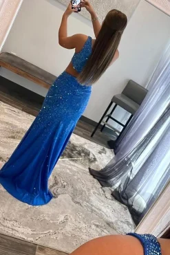 Blue Hollow-out One Shoulder Sequin Prom Dress with Slit