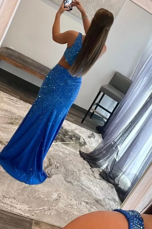 Blue Hollow-out One Shoulder Sequin Prom Dress with Slit