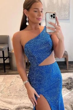 Blue Hollow-out One Shoulder Sequin Prom Dress with Slit