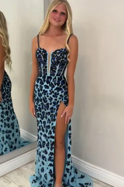 Blue Mermaid Appliques Corset Spaghetti Straps Prom Dress with Slit
