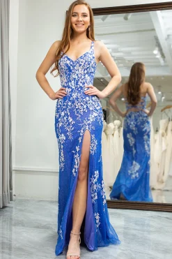 Blue Mermaid Spaghetti Straps Long Prom Dress with Appliques