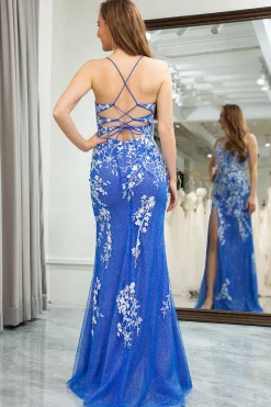 Blue Mermaid Spaghetti Straps Long Prom Dress with Appliques