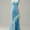 Blue Mermaid Sparkly Prom Dress with Feather